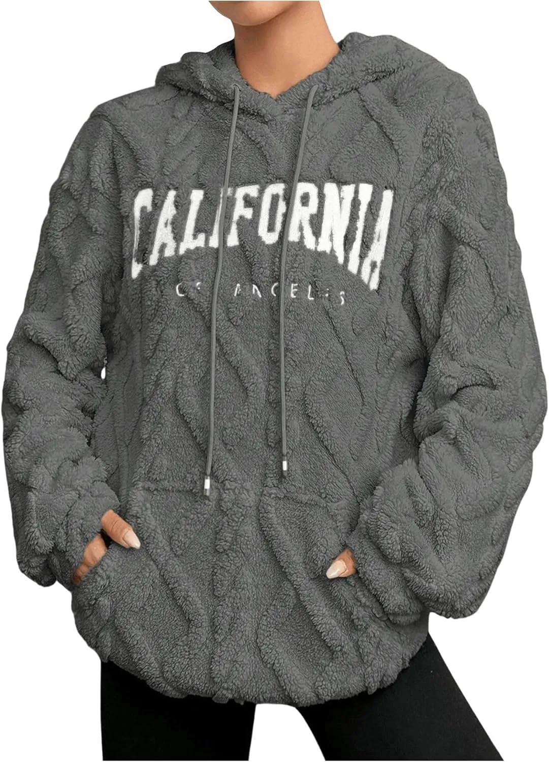Verdusa Women's Fuzzy Fleece Sherpa Pullover Hoodie Oversized Plaid Letter Print Sweatshirt Long Sleeve Hoodies with Pocket