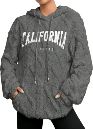 Verdusa Women's Fuzzy Fleece Sherpa Pullover Hoodie Oversized Plaid Letter Print Sweatshirt Long Sleeve Hoodies with Pocket