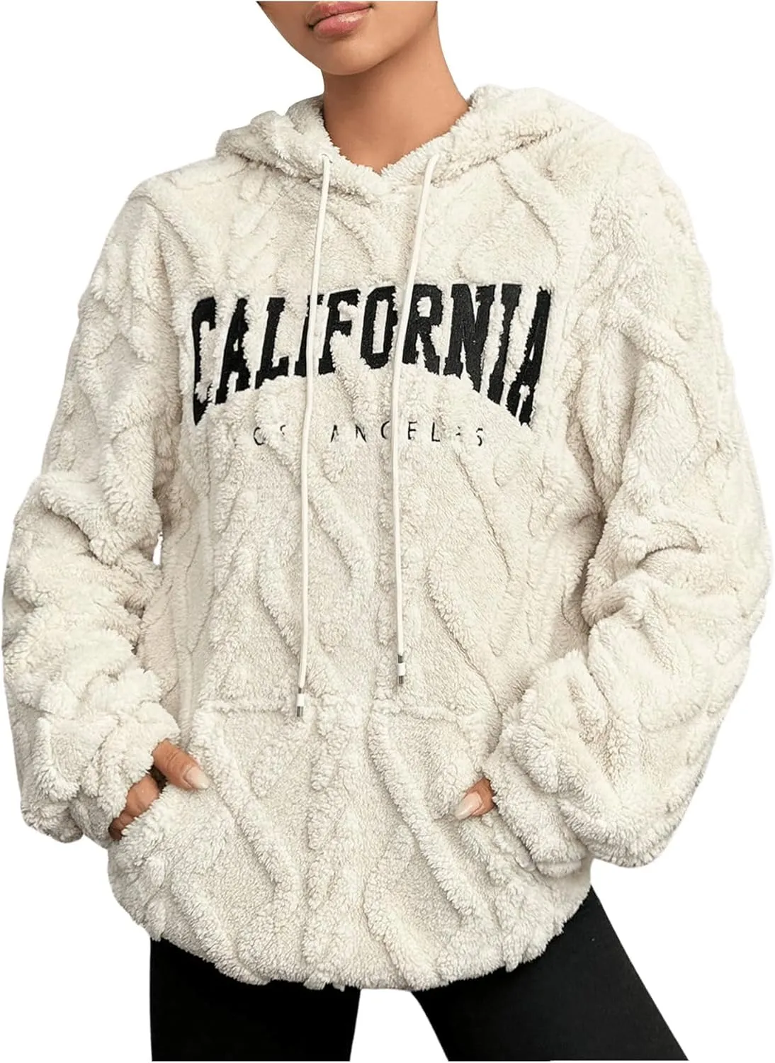 Verdusa Women's Fuzzy Fleece Sherpa Pullover Hoodie Oversized Plaid Letter Print Sweatshirt Long Sleeve Hoodies with Pocket