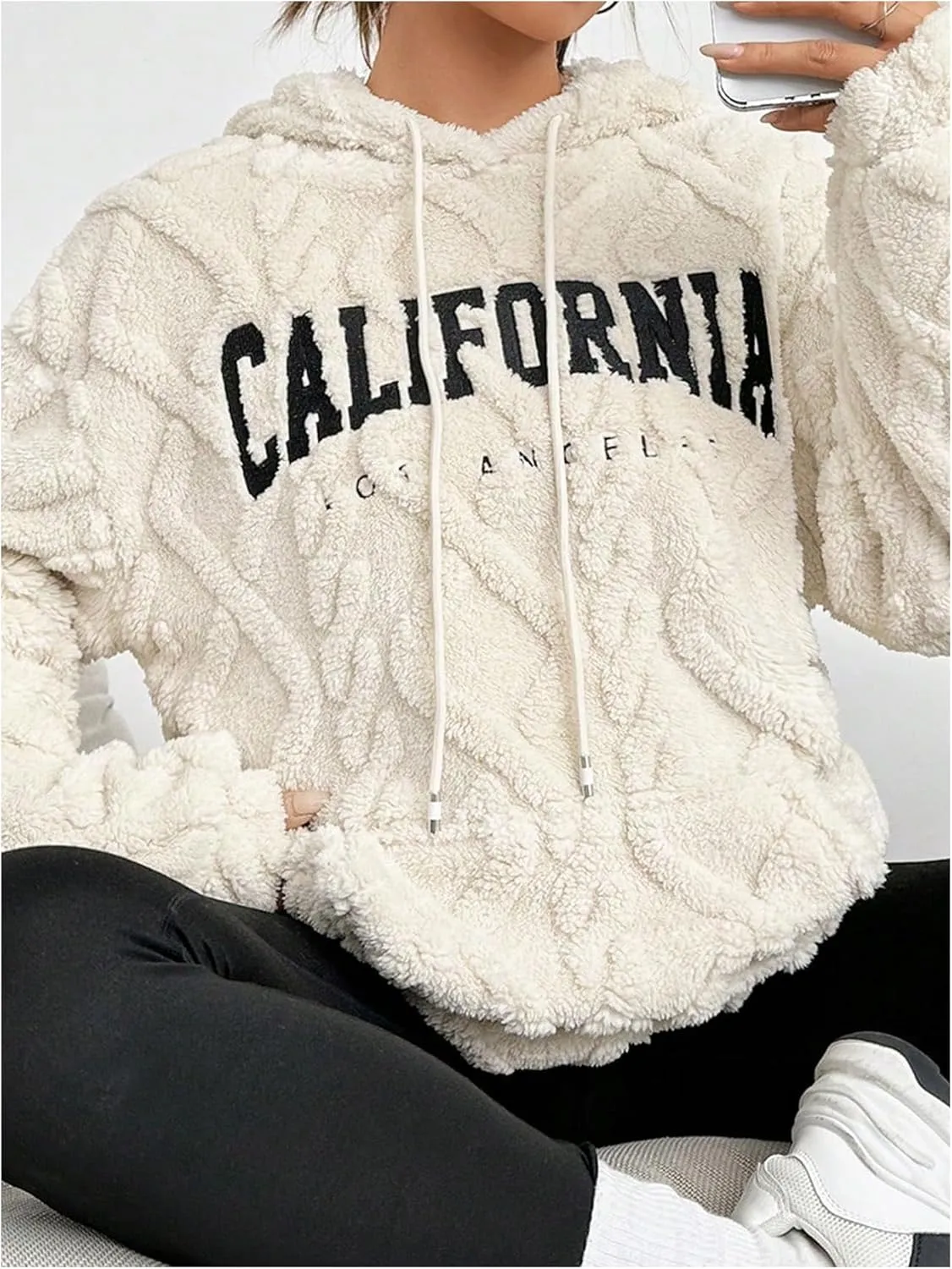 Verdusa Women's Fuzzy Fleece Sherpa Pullover Hoodie Oversized Plaid Letter Print Sweatshirt Long Sleeve Hoodies with Pocket