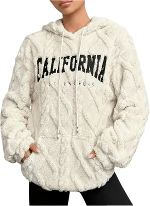 Verdusa Women's Fuzzy Fleece Sherpa Pullover Hoodie Oversized Plaid Letter Print Sweatshirt Long Sleeve Hoodies with Pocket