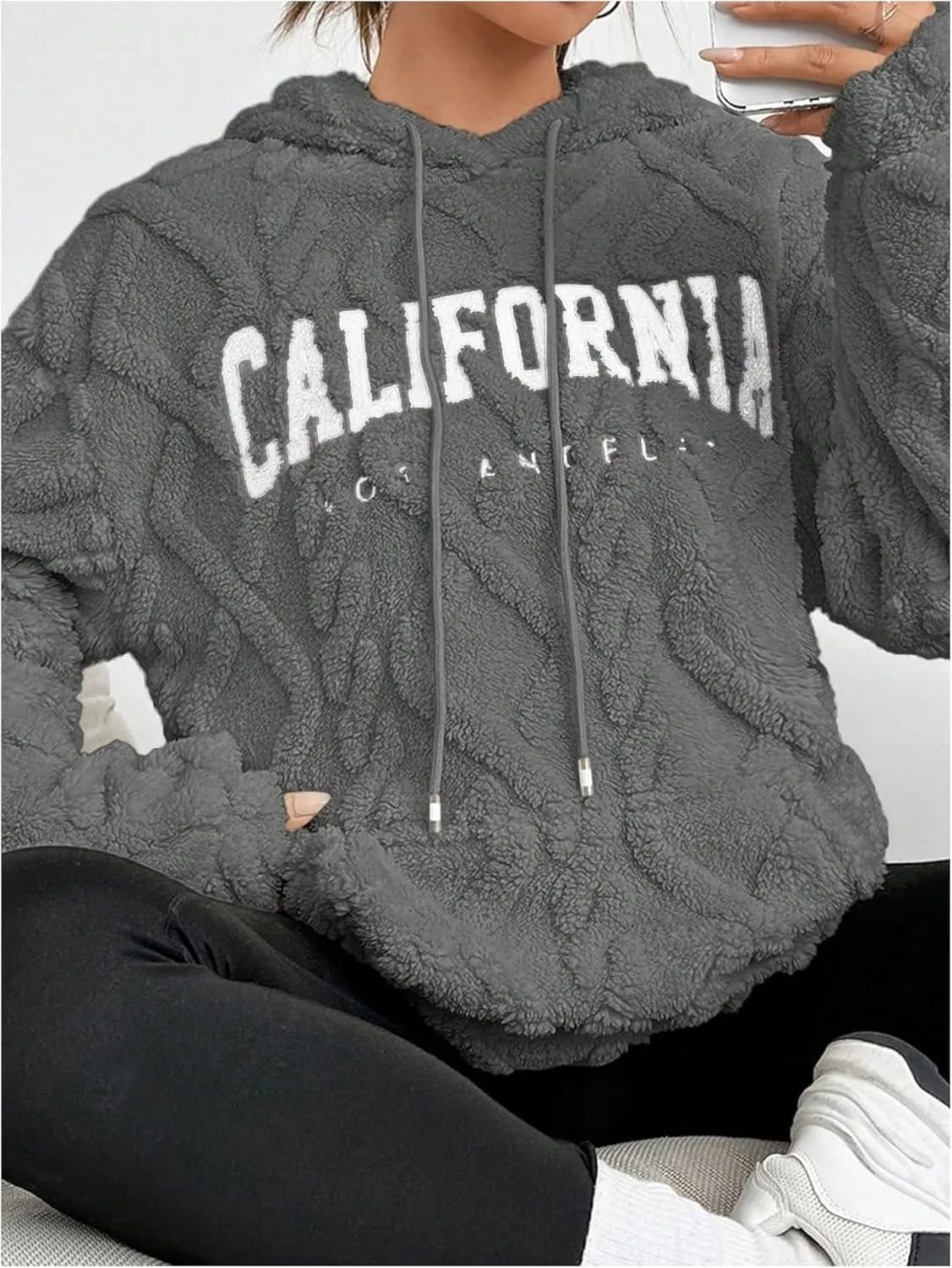Verdusa Women's Fuzzy Fleece Sherpa Pullover Hoodie Oversized Plaid Letter Print Sweatshirt Long Sleeve Hoodies with Pocket