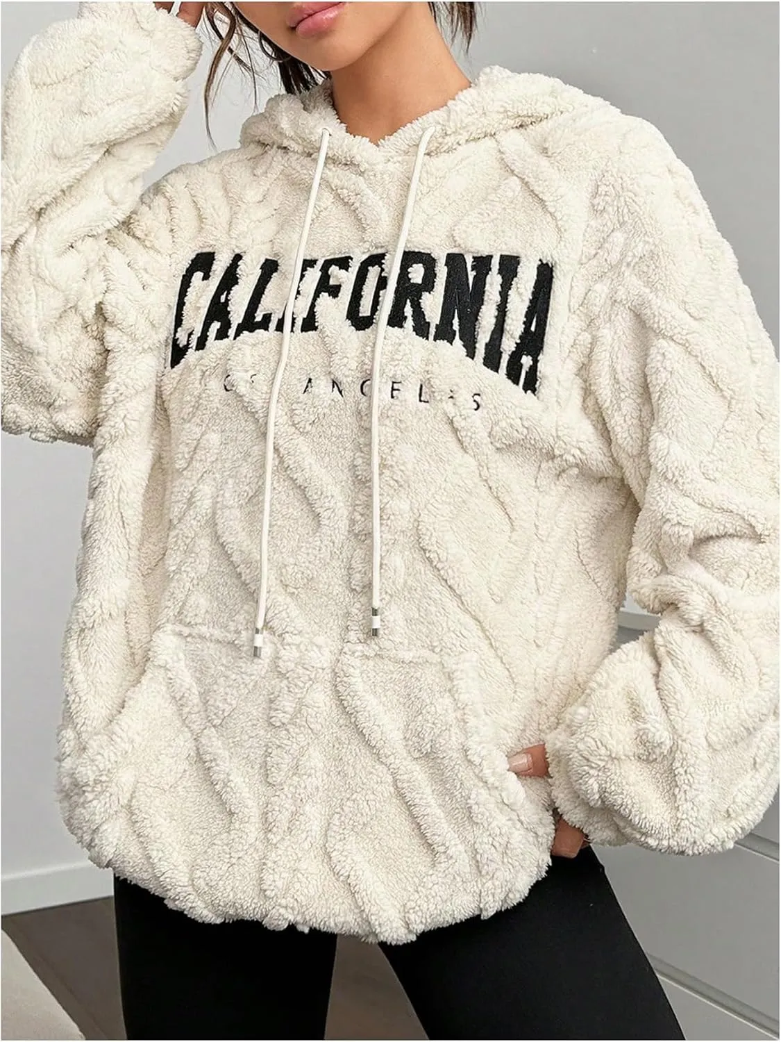 Verdusa Women's Fuzzy Fleece Sherpa Pullover Hoodie Oversized Plaid Letter Print Sweatshirt Long Sleeve Hoodies with Pocket