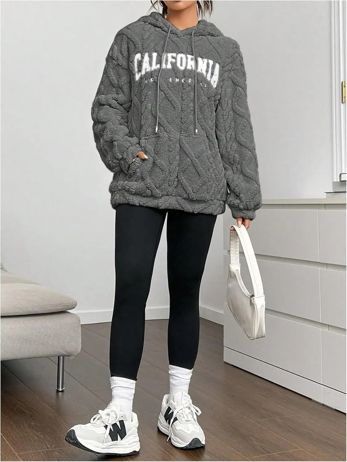 Verdusa Women's Fuzzy Fleece Sherpa Pullover Hoodie Oversized Plaid Letter Print Sweatshirt Long Sleeve Hoodies with Pocket