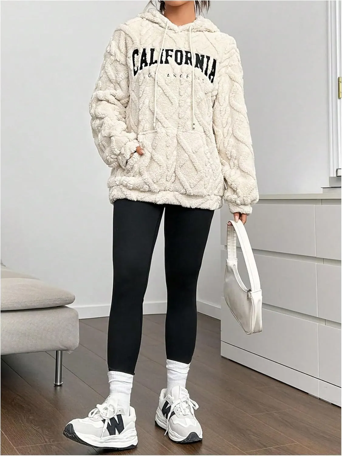 Verdusa Women's Fuzzy Fleece Sherpa Pullover Hoodie Oversized Plaid Letter Print Sweatshirt Long Sleeve Hoodies with Pocket