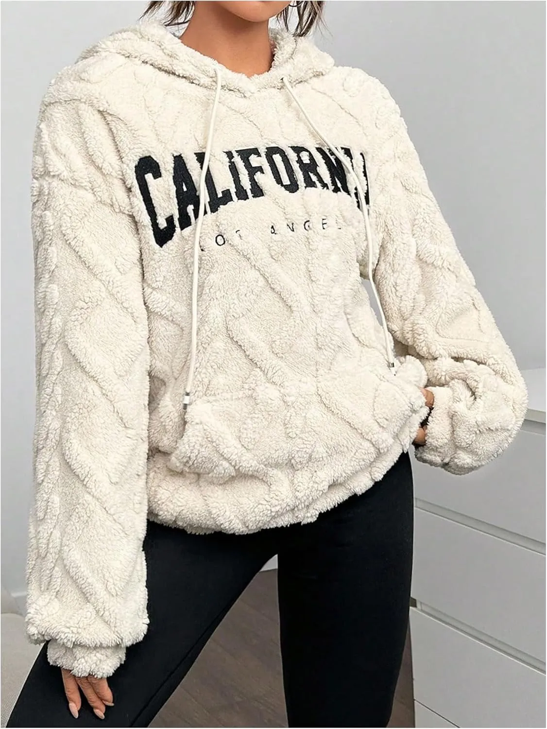 Verdusa Women's Fuzzy Fleece Sherpa Pullover Hoodie Oversized Plaid Letter Print Sweatshirt Long Sleeve Hoodies with Pocket