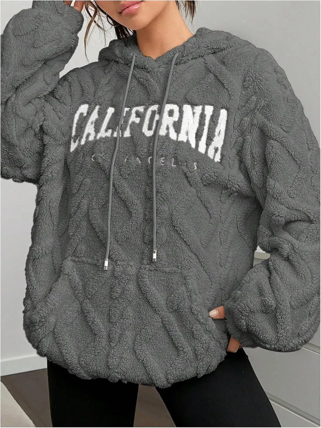 Verdusa Women's Fuzzy Fleece Sherpa Pullover Hoodie Oversized Plaid Letter Print Sweatshirt Long Sleeve Hoodies with Pocket