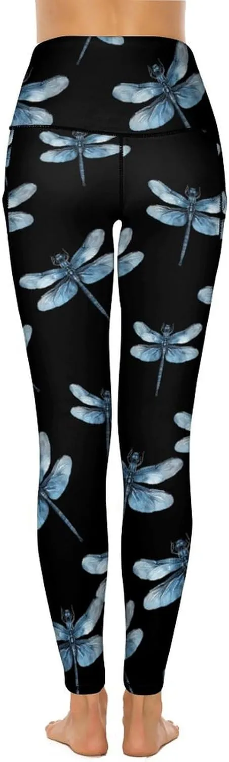 Vintage Blue Dragonfly Women's Yoga Pants Leggings with Pockets High Waist Compression Workout Pants
