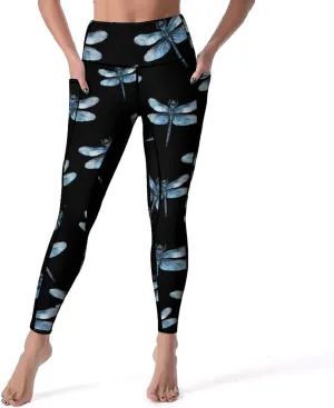 Vintage Blue Dragonfly Women's Yoga Pants Leggings with Pockets High Waist Compression Workout Pants