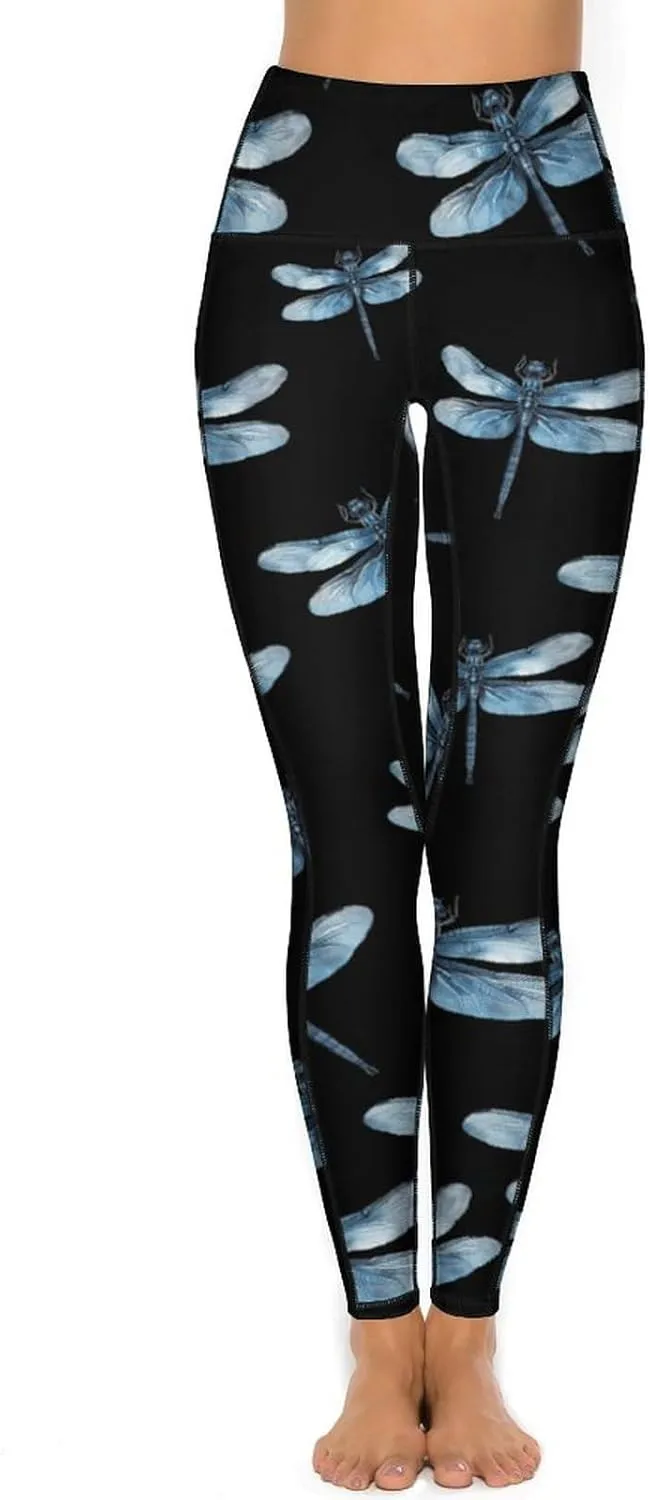 Vintage Blue Dragonfly Women's Yoga Pants Leggings with Pockets High Waist Compression Workout Pants