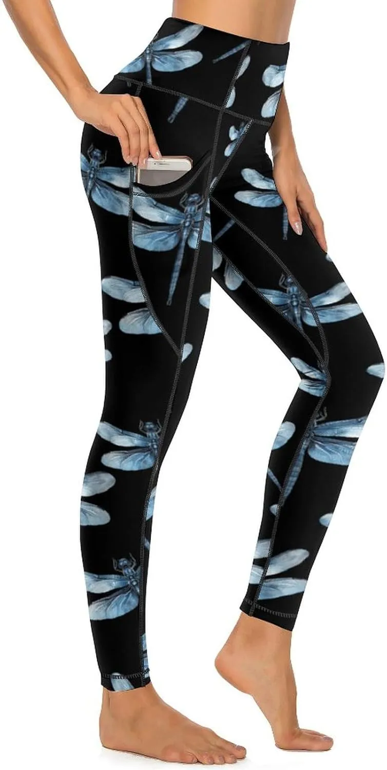 Vintage Blue Dragonfly Women's Yoga Pants Leggings with Pockets High Waist Compression Workout Pants
