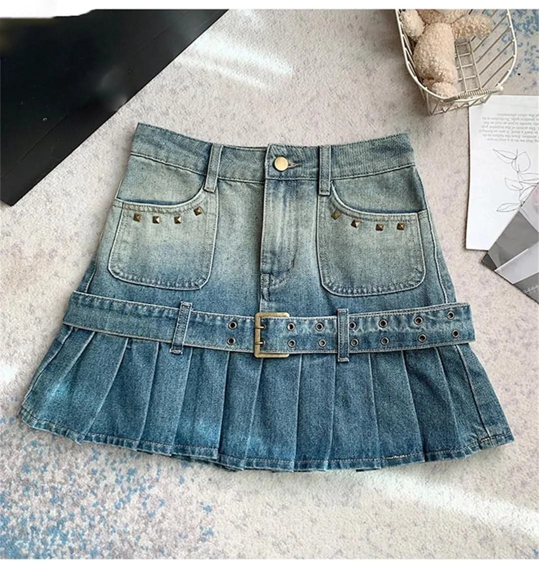 Vintage Rivet Pleated Skirts Women High Waist Pocket Short Mini Jeans Skirts