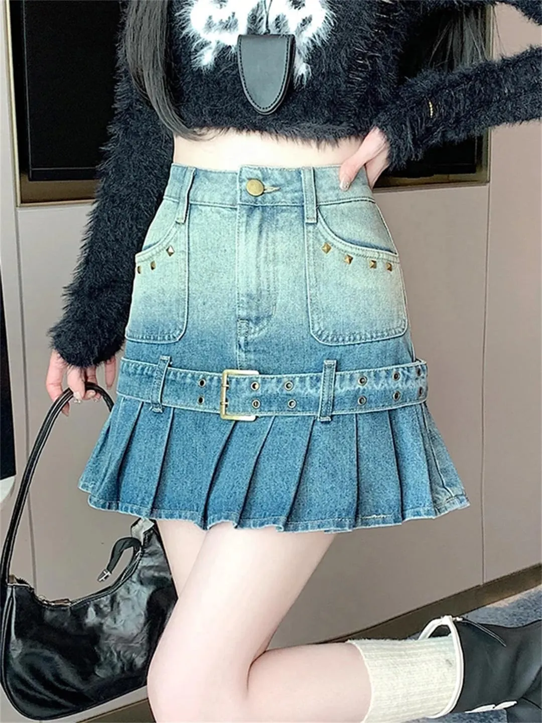 Vintage Rivet Pleated Skirts Women High Waist Pocket Short Mini Jeans Skirts