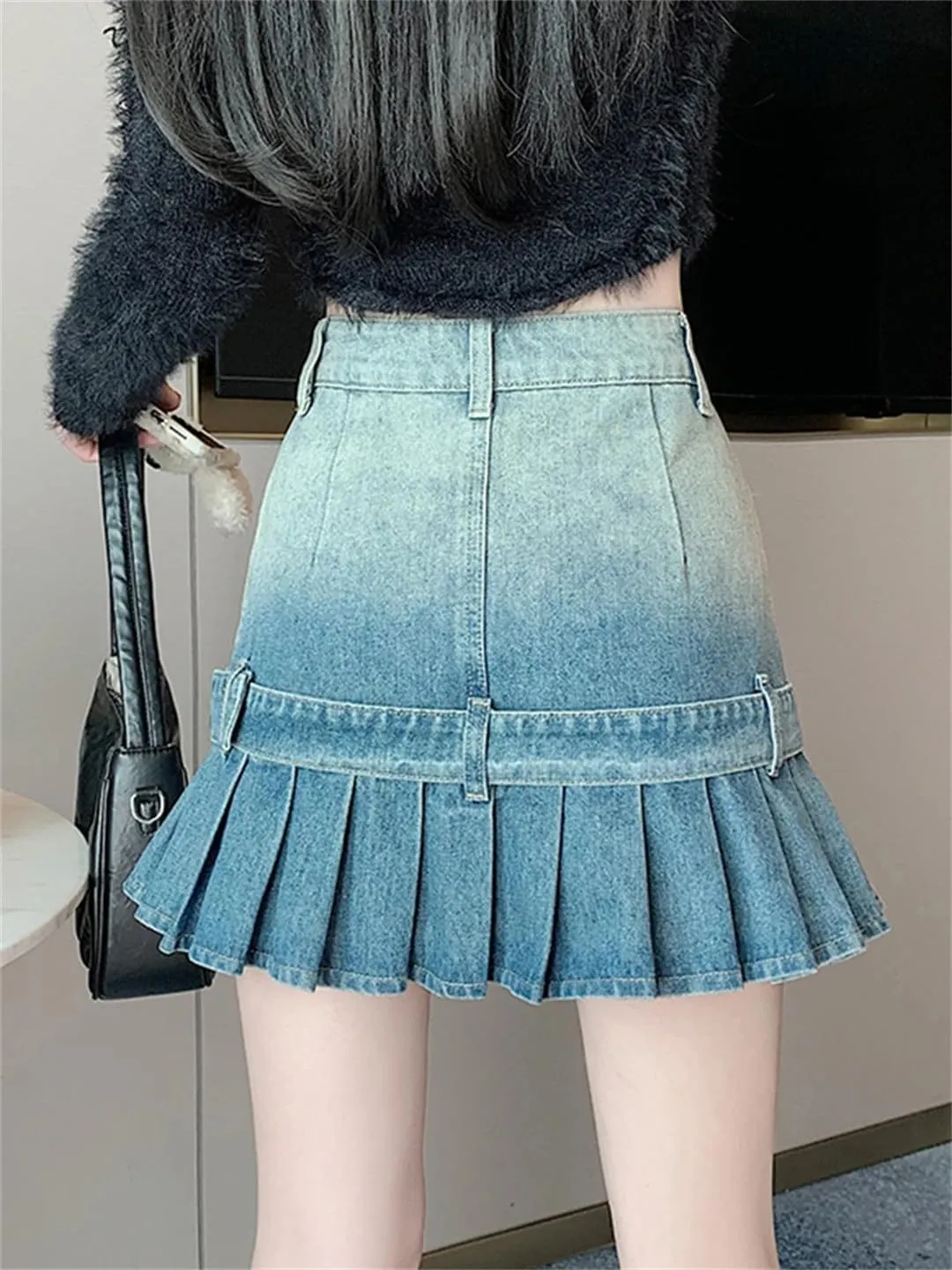 Vintage Rivet Pleated Skirts Women High Waist Pocket Short Mini Jeans Skirts