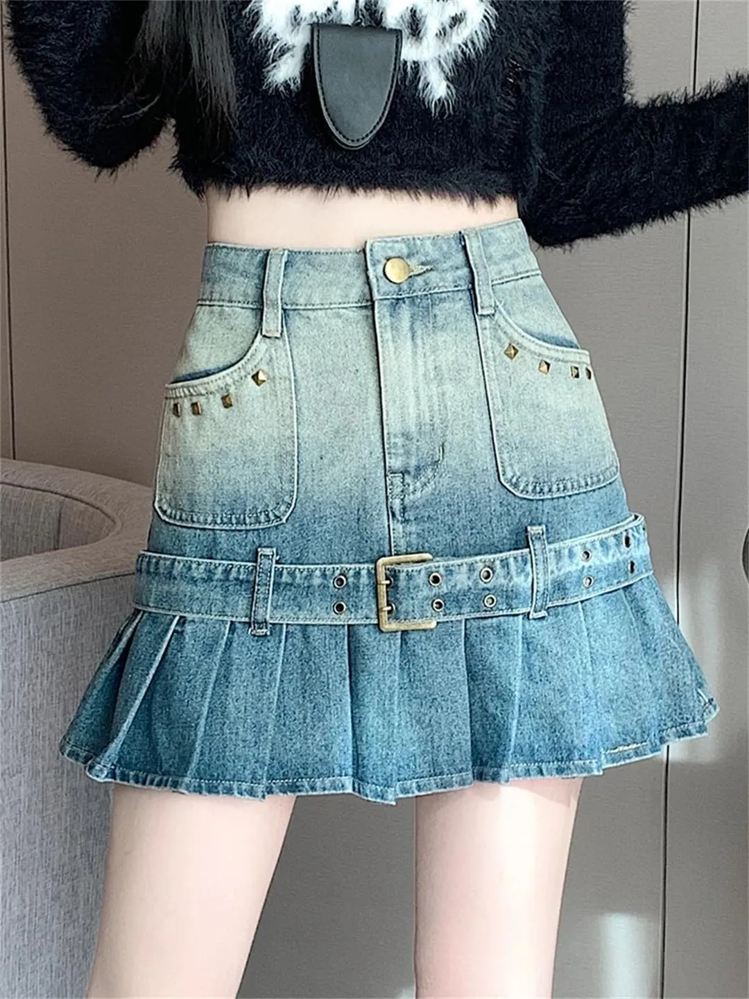 Vintage Rivet Pleated Skirts Women High Waist Pocket Short Mini Jeans Skirts