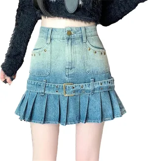 Vintage Rivet Pleated Skirts Women High Waist Pocket Short Mini Jeans Skirts