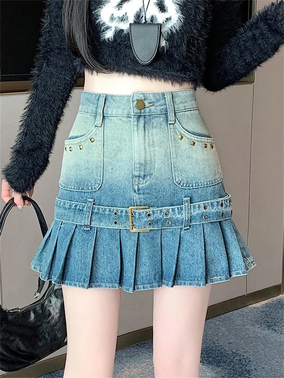 Vintage Rivet Pleated Skirts Women High Waist Pocket Short Mini Jeans Skirts