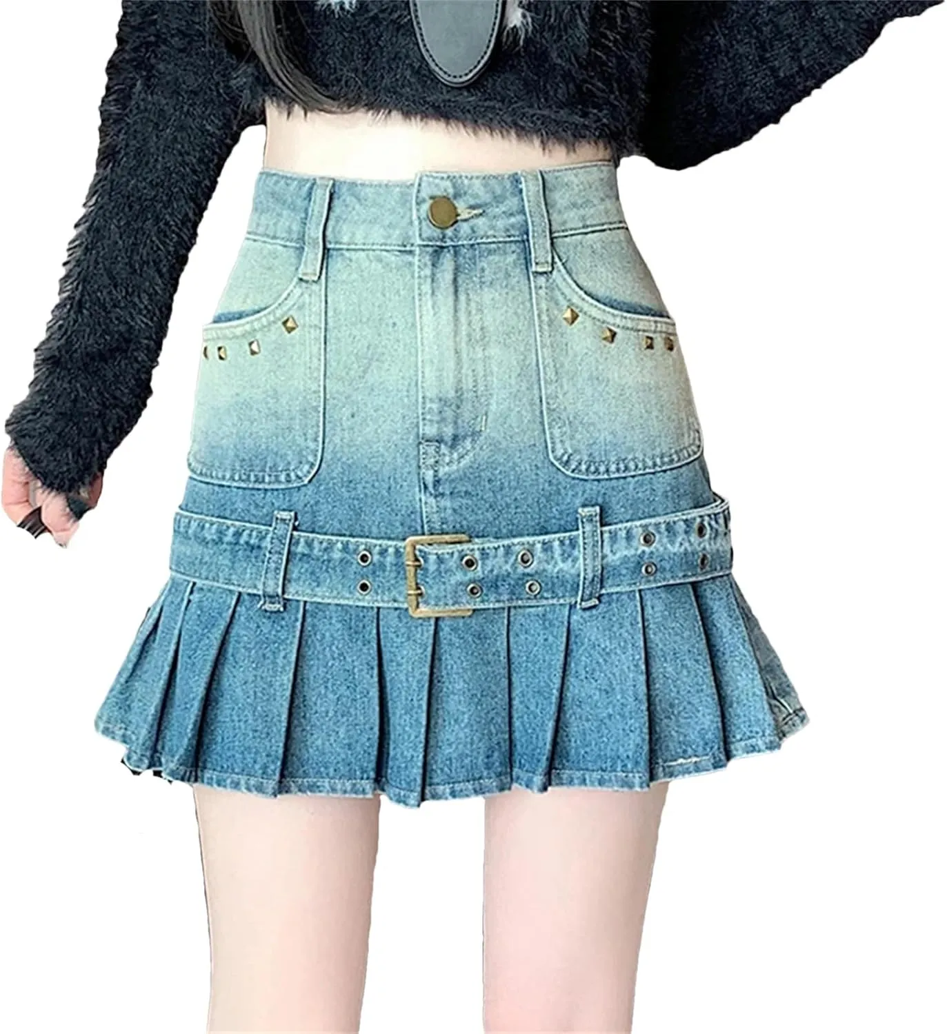 Vintage Rivet Pleated Skirts Women High Waist Pocket Short Mini Jeans Skirts