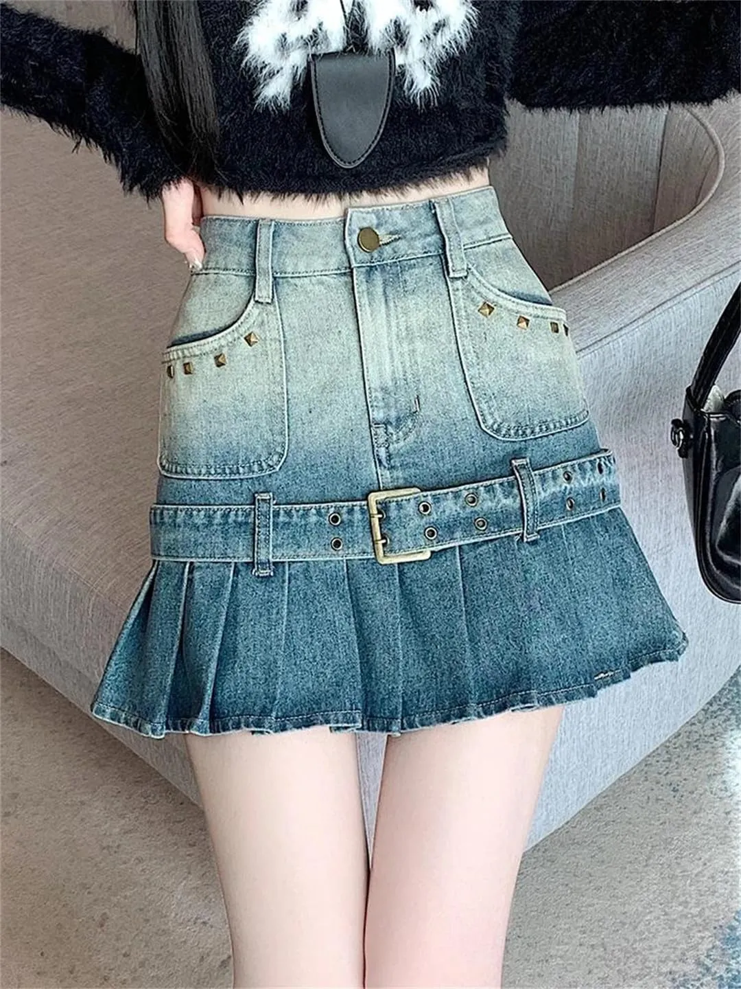 Vintage Rivet Pleated Skirts Women High Waist Pocket Short Mini Jeans Skirts