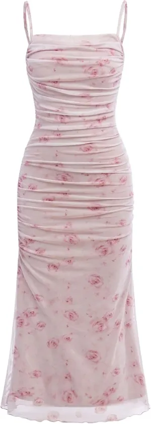 WDIRARA Girl's Floral Print Square Neck Mesh Sleeveless Ruched Cami Dress Party Bodycon Dresses
