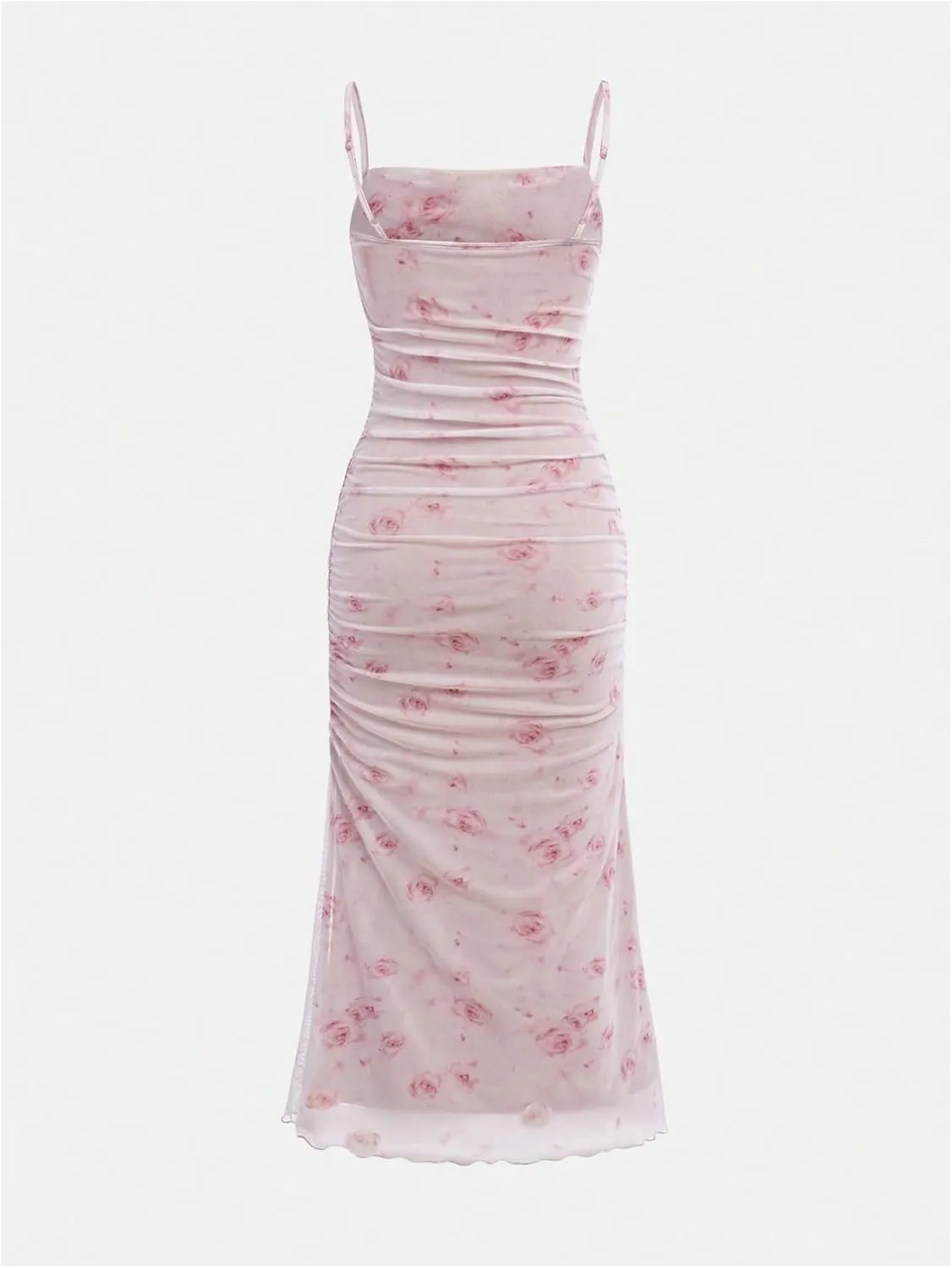 WDIRARA Girl's Floral Print Square Neck Mesh Sleeveless Ruched Cami Dress Party Bodycon Dresses