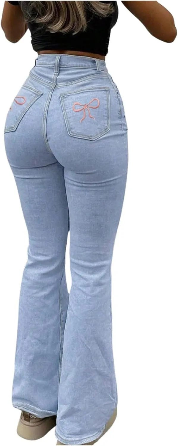 WDIRARA Women's Bowknot Bell Bottom Flare Jeans Stretchy High Waisted Denim Pants