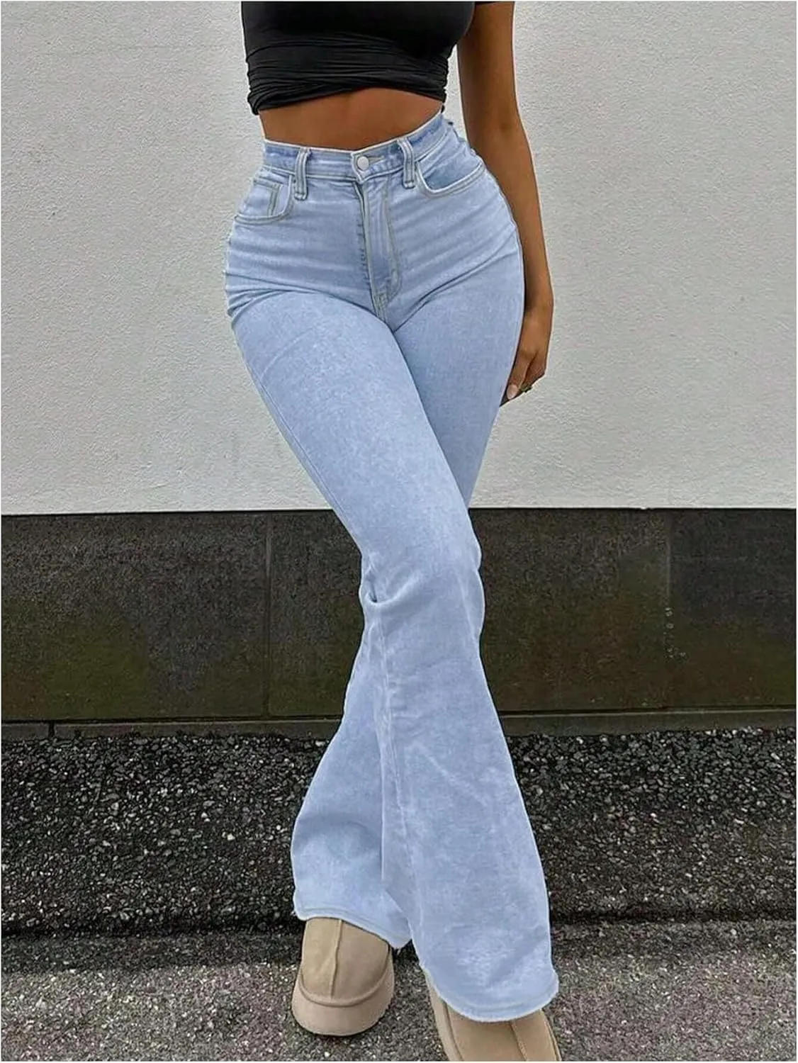 WDIRARA Women's Bowknot Bell Bottom Flare Jeans Stretchy High Waisted Denim Pants