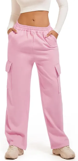 Wide Leg Cargo Sweatpants for Women High Waisted Baggy Fleece Joggers Casual Athletic Sweats Pants with Pockets(Pink,XL)