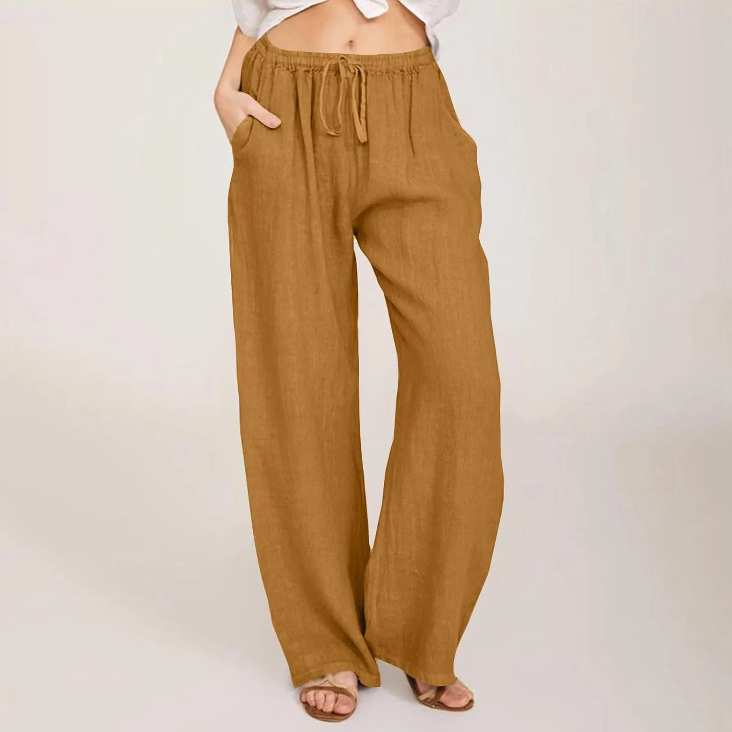 Wide Leg Linen Pants Women Baggy High Waisted Pants Straight Leg Beach Trousers Flowy Pull on Pants with Pockets