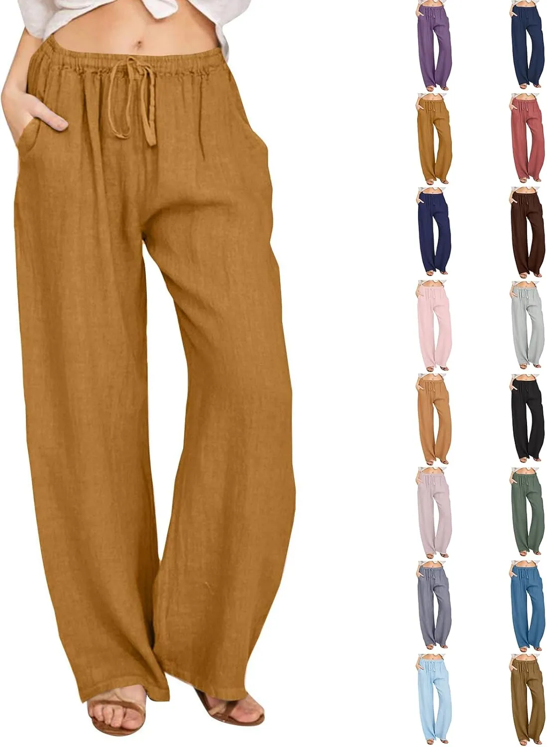 Wide Leg Linen Pants Women Baggy High Waisted Pants Straight Leg Beach Trousers Flowy Pull on Pants with Pockets