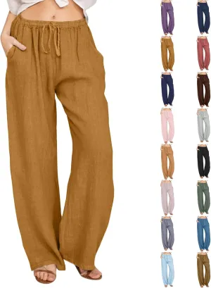 Wide Leg Linen Pants Women Baggy High Waisted Pants Straight Leg Beach Trousers Flowy Pull on Pants with Pockets