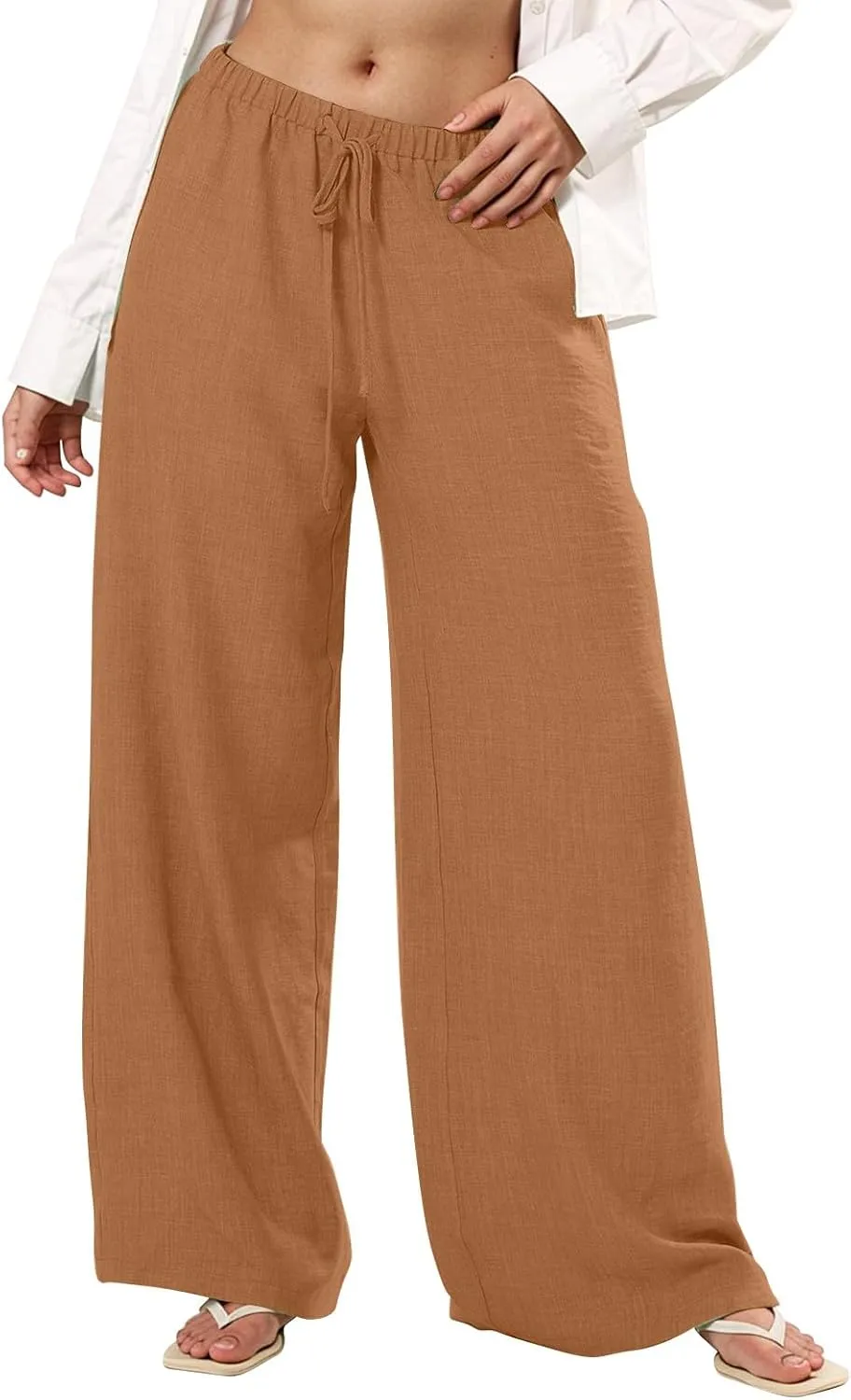 Wide Leg Linen Pants Women Casual Flowy Elastic Waist Work Pants Summer Loose Drawstring Cotton Joggers with Pockets