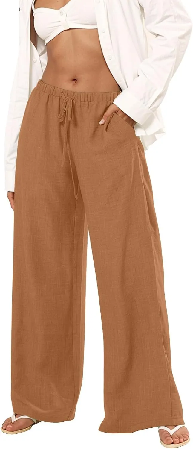 Wide Leg Linen Pants Women Casual Flowy Elastic Waist Work Pants Summer Loose Drawstring Cotton Joggers with Pockets