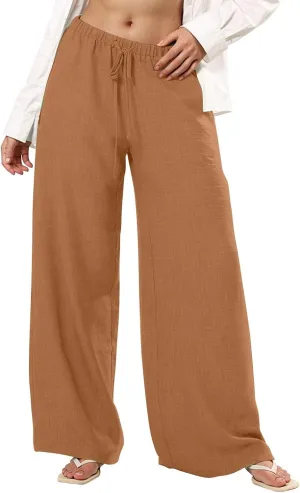 Wide Leg Linen Pants Women Casual Flowy Elastic Waist Work Pants Summer Loose Drawstring Cotton Joggers with Pockets