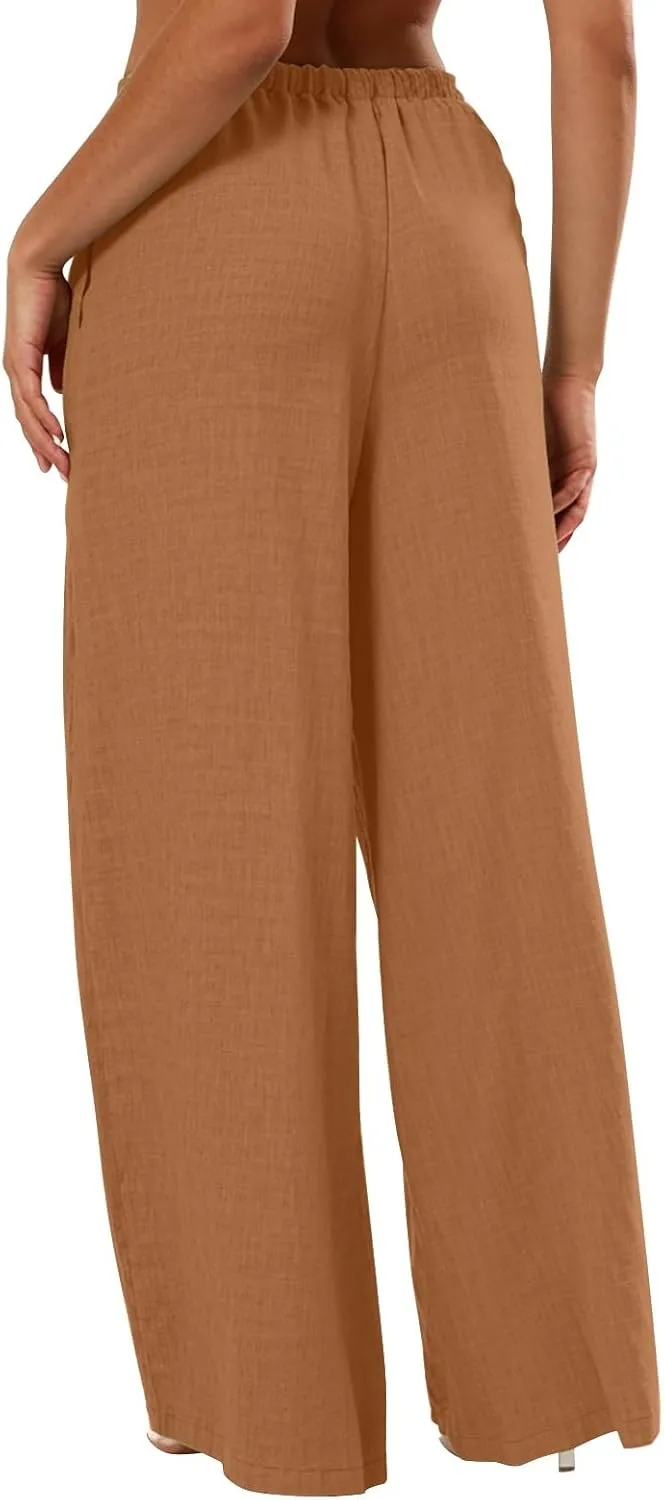 Wide Leg Linen Pants Women Casual Flowy Elastic Waist Work Pants Summer Loose Drawstring Cotton Joggers with Pockets