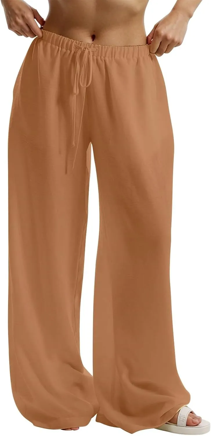 Wide Leg Linen Pants Women Casual Flowy Elastic Waist Work Pants Summer Loose Drawstring Cotton Joggers with Pockets