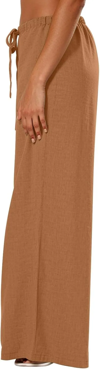 Wide Leg Linen Pants Women Casual Flowy Elastic Waist Work Pants Summer Loose Drawstring Cotton Joggers with Pockets