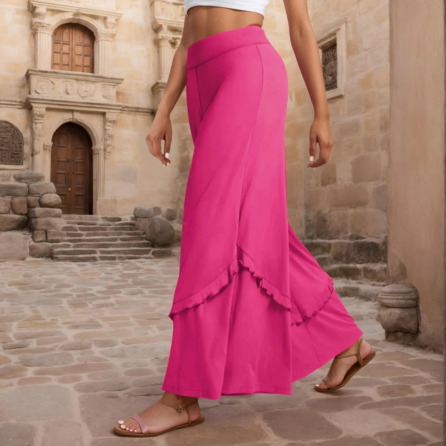 Wide Leg Pants Woman High Waisted Flowy Palazzo Pants Casual Cute Ruffle Comfy Lounge Cotton Yoga Pants Sweatpants