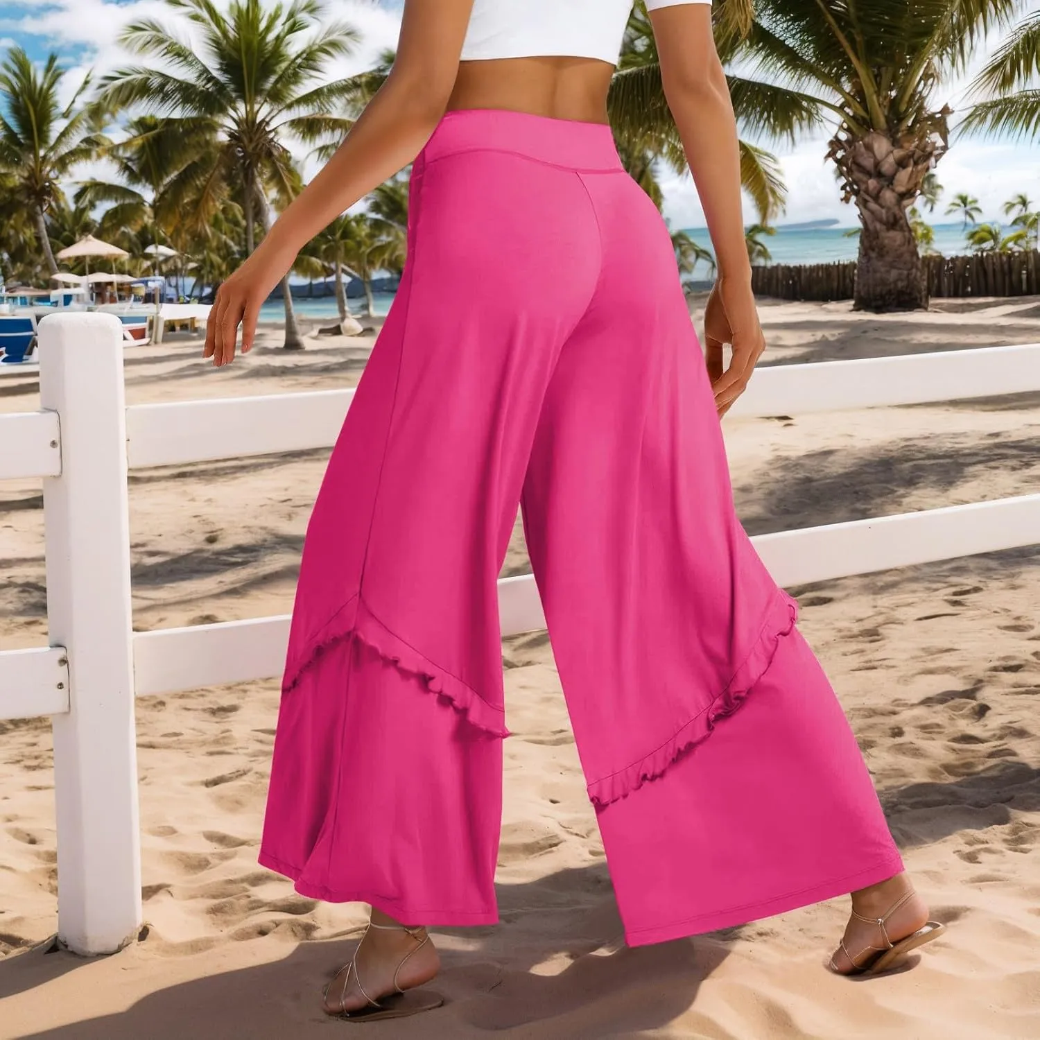 Wide Leg Pants Woman High Waisted Flowy Palazzo Pants Casual Cute Ruffle Comfy Lounge Cotton Yoga Pants Sweatpants