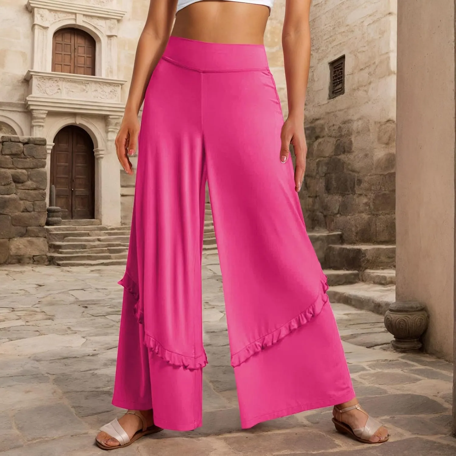 Wide Leg Pants Woman High Waisted Flowy Palazzo Pants Casual Cute Ruffle Comfy Lounge Cotton Yoga Pants Sweatpants