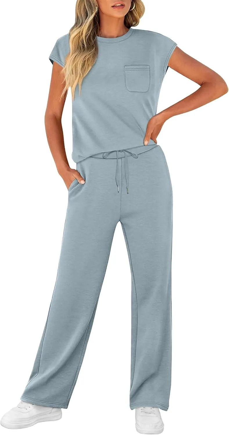 WIHOLL 2 Piece Sets for Women Casual Summer Travel Vacation Outfits Cap Sleeve Lounge Set