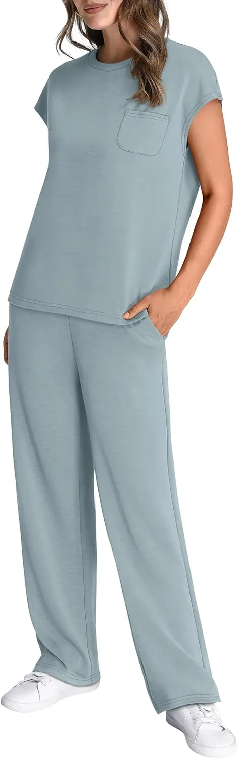 WIHOLL 2 Piece Sets for Women Casual Summer Travel Vacation Outfits Cap Sleeve Lounge Set