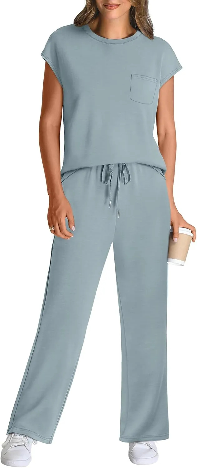 WIHOLL 2 Piece Sets for Women Casual Summer Travel Vacation Outfits Cap Sleeve Lounge Set