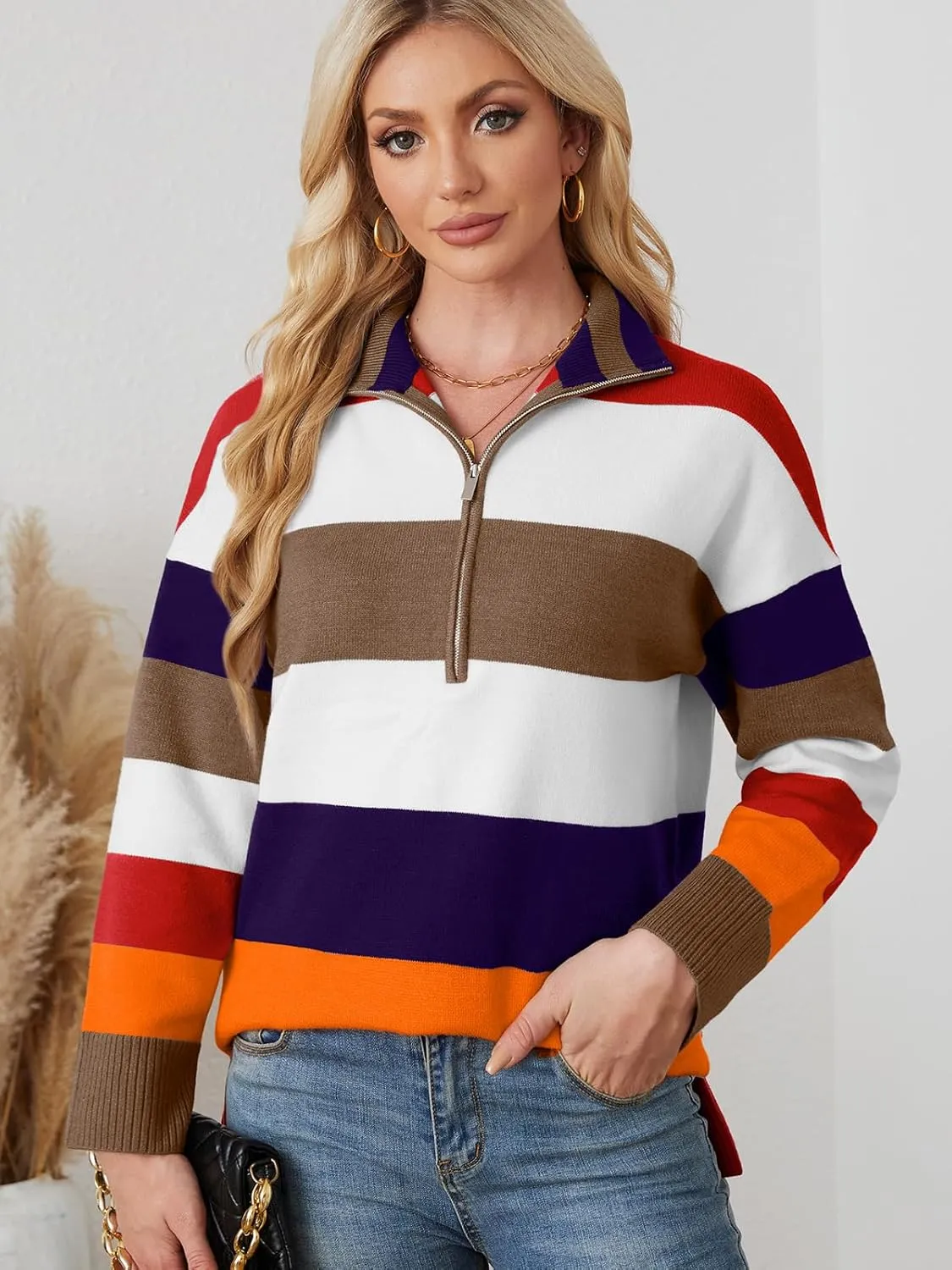 WIHOLL Womens Sweaters Long Sleeve Casual Half Zip Lapel Collar Stripe Pullover Tops Side Slit Sweaters Fashion Clothes