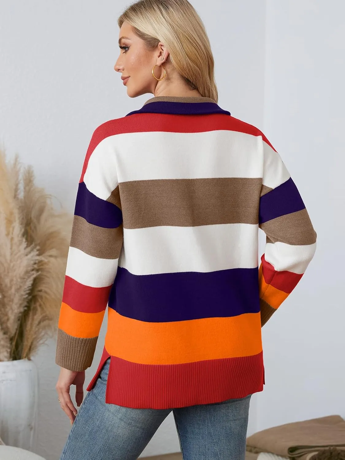 WIHOLL Womens Sweaters Long Sleeve Casual Half Zip Lapel Collar Stripe Pullover Tops Side Slit Sweaters Fashion Clothes