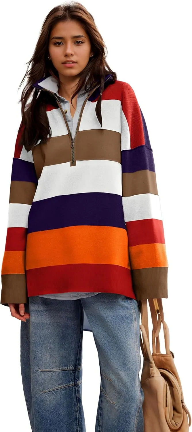 WIHOLL Womens Sweaters Long Sleeve Casual Half Zip Lapel Collar Stripe Pullover Tops Side Slit Sweaters Fashion Clothes