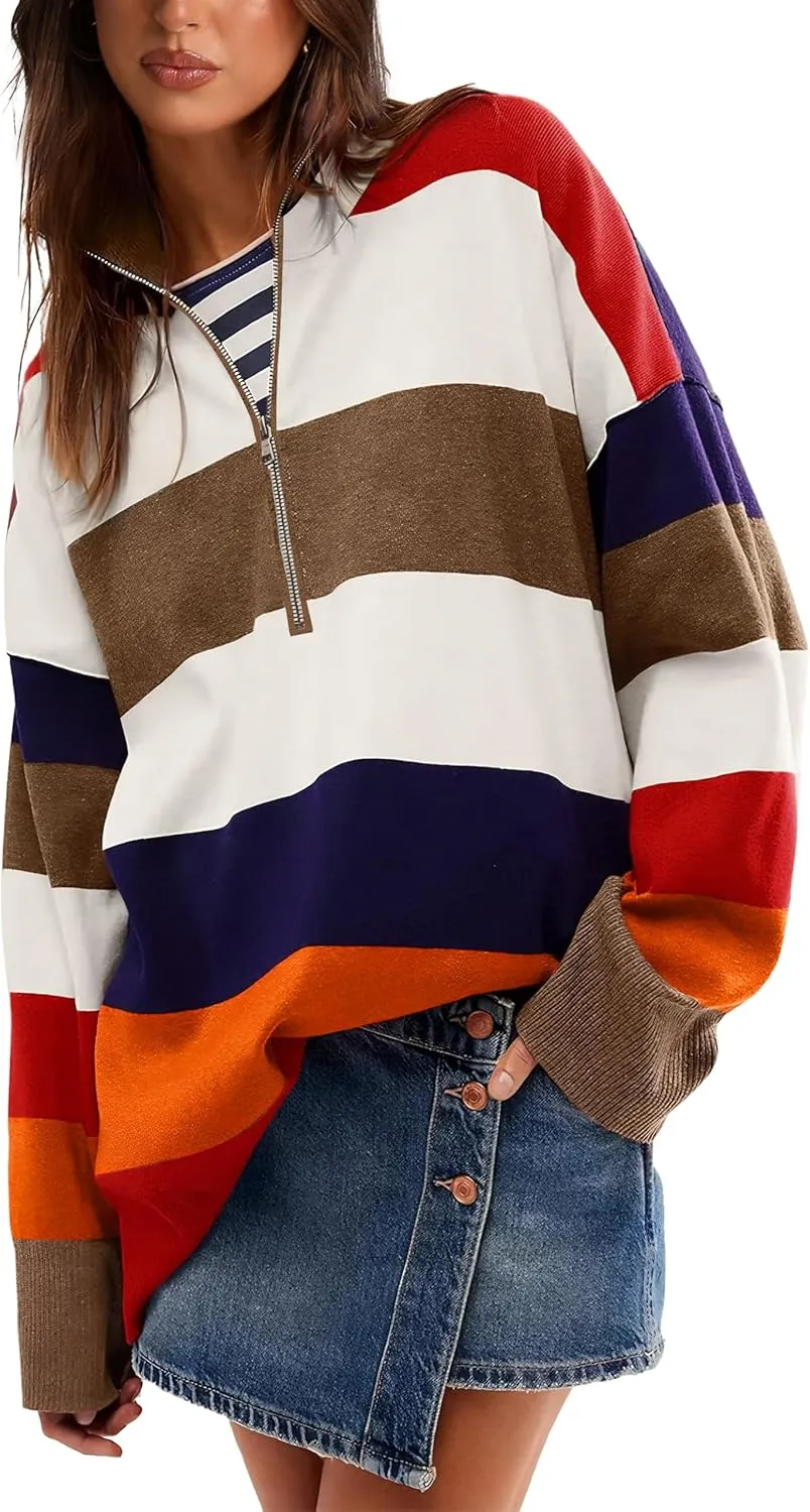 WIHOLL Womens Sweaters Long Sleeve Casual Half Zip Lapel Collar Stripe Pullover Tops Side Slit Sweaters Fashion Clothes
