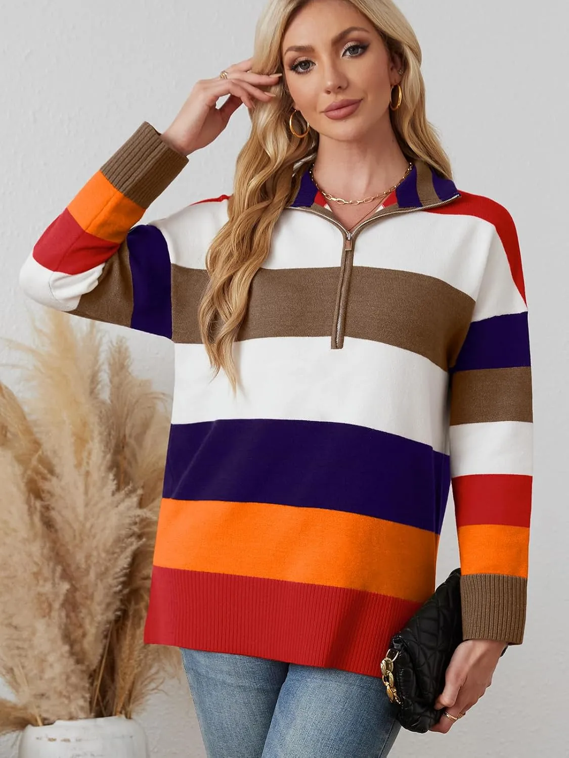 WIHOLL Womens Sweaters Long Sleeve Casual Half Zip Lapel Collar Stripe Pullover Tops Side Slit Sweaters Fashion Clothes