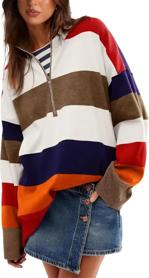 WIHOLL Womens Sweaters Long Sleeve Casual Half Zip Lapel Collar Stripe Pullover Tops Side Slit Sweaters Fashion Clothes