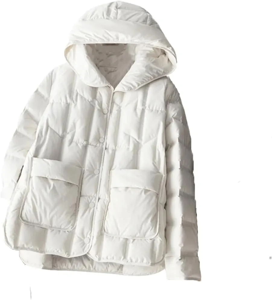 Winter Women White Duck Down Coat Female Stand Collar Single-Breasted Puffer Jacket Casual Loose Hooded Parkas